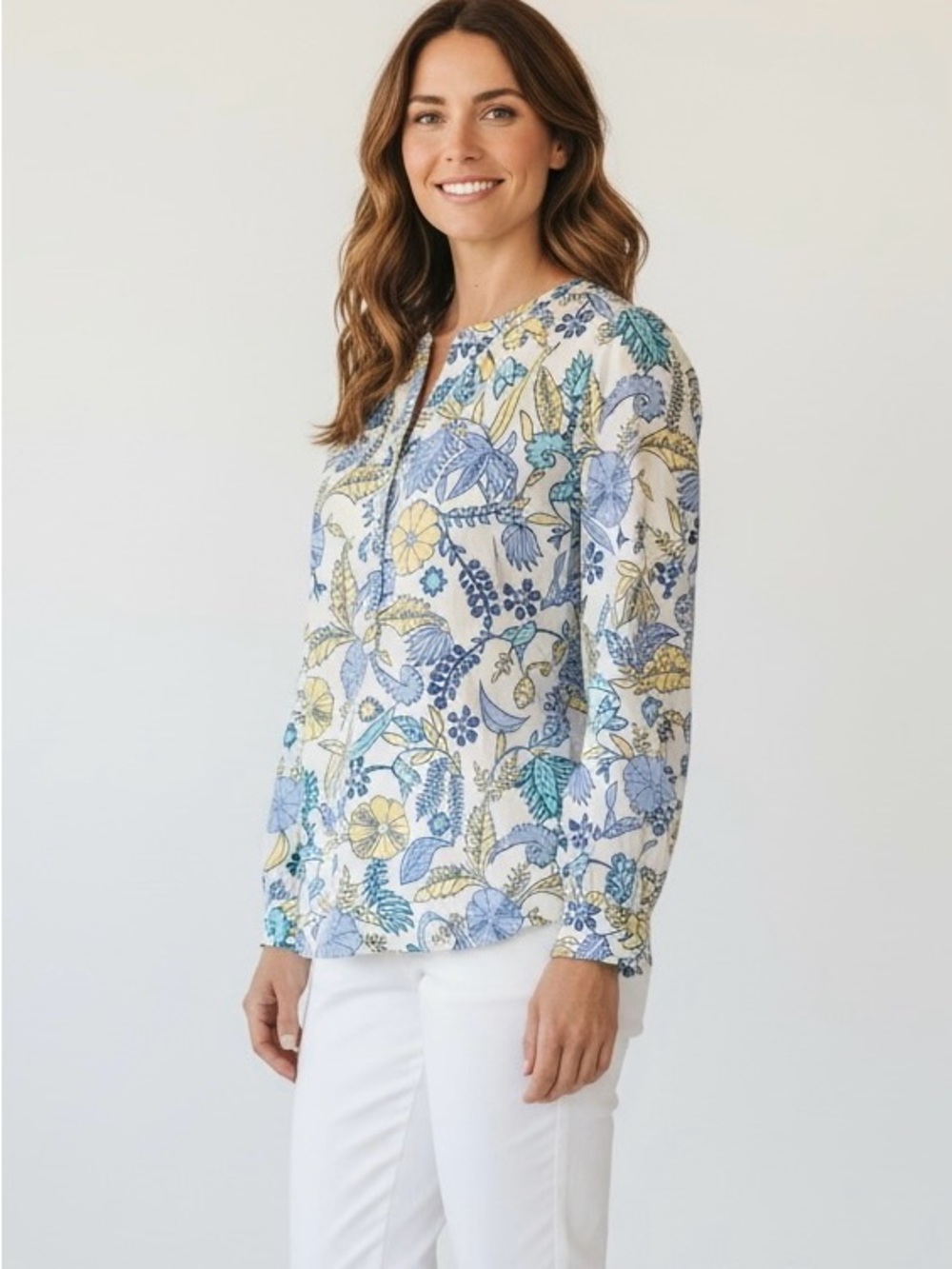 Talbots Jacobean Floral Quarter Button Blouse EUC